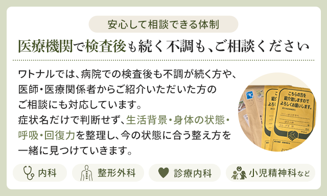 医療機関で検査後も続く不調も、ご相談ください